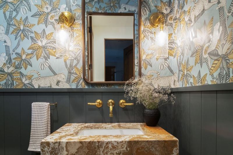 Powder room: Onyx basin, papered walls